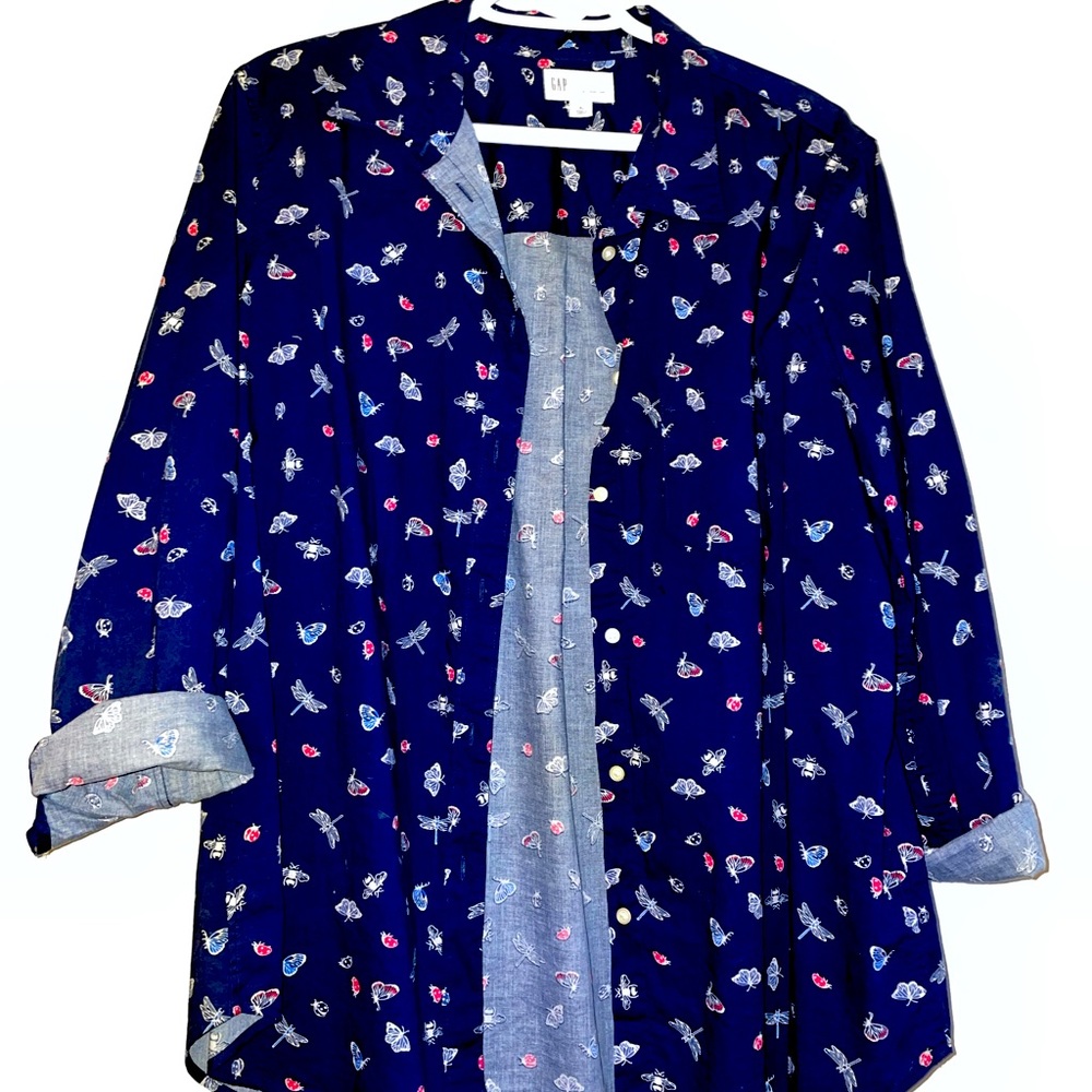 Navy patterned button down shirt